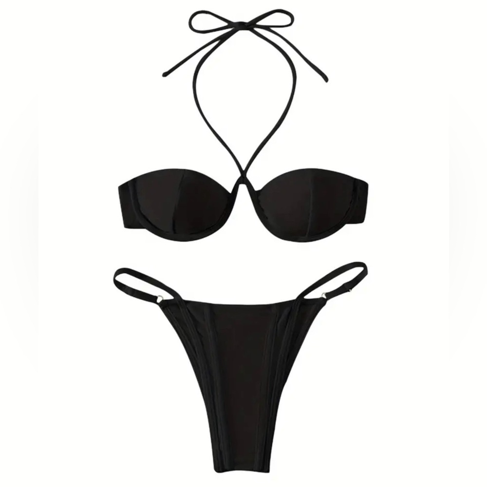 Black Underwire Halter Bandeau Cheeky Bikini Set - Picture 6 of 8
